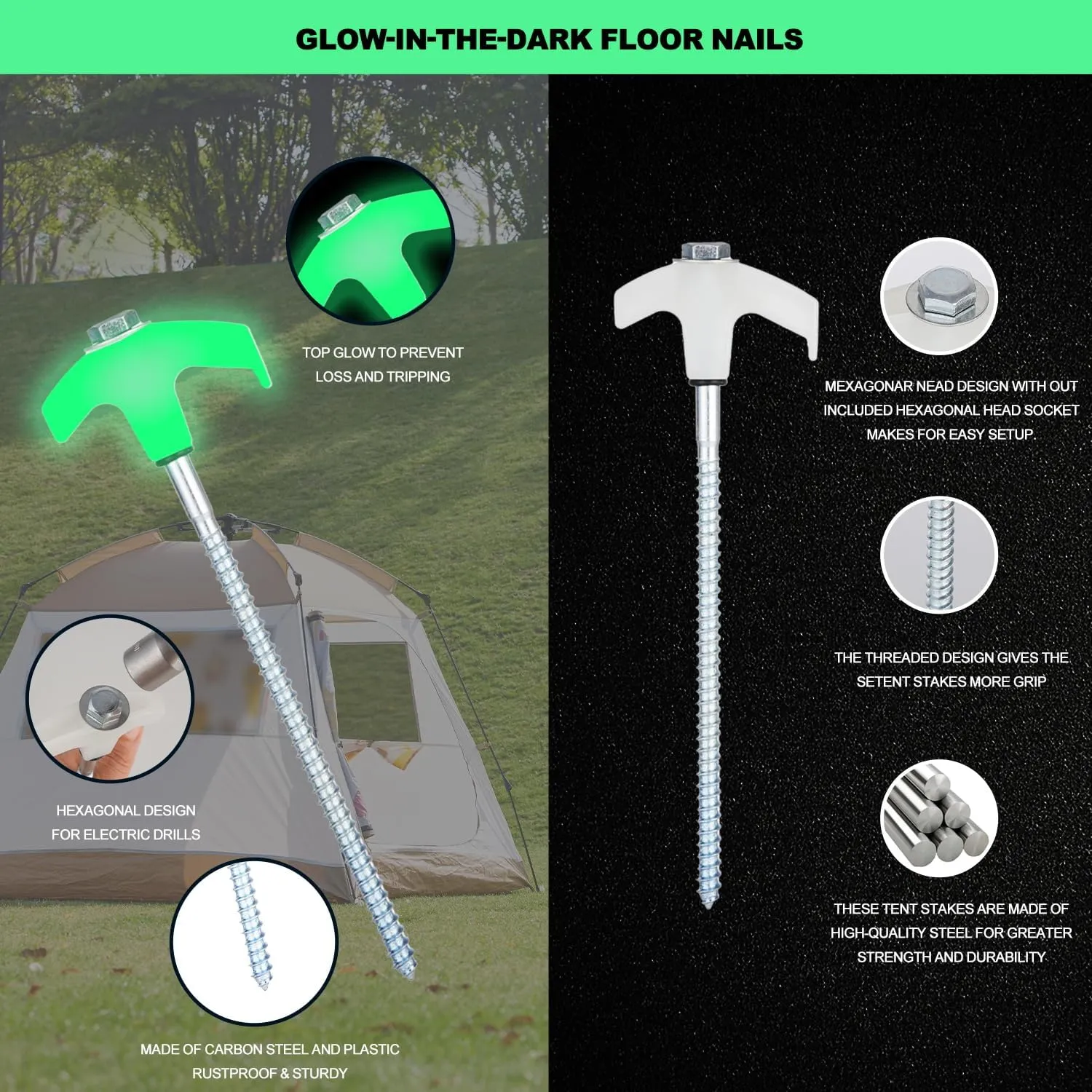 20PCS Camping Tent Stakes Heavy Duty,8 Inch Screw in Tent Stakes Heavy Duty,Nightglow Metal Tent Stakes,with Hex Head Driver,Nail Lifter,Ropes,White