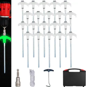 20PCS Camping Tent Stakes Heavy Duty,8 Inch Screw in Tent Stakes Heavy Duty,Nightglow Metal Tent Stakes,with Hex Head Driver,Nail Lifter,Ropes,White
