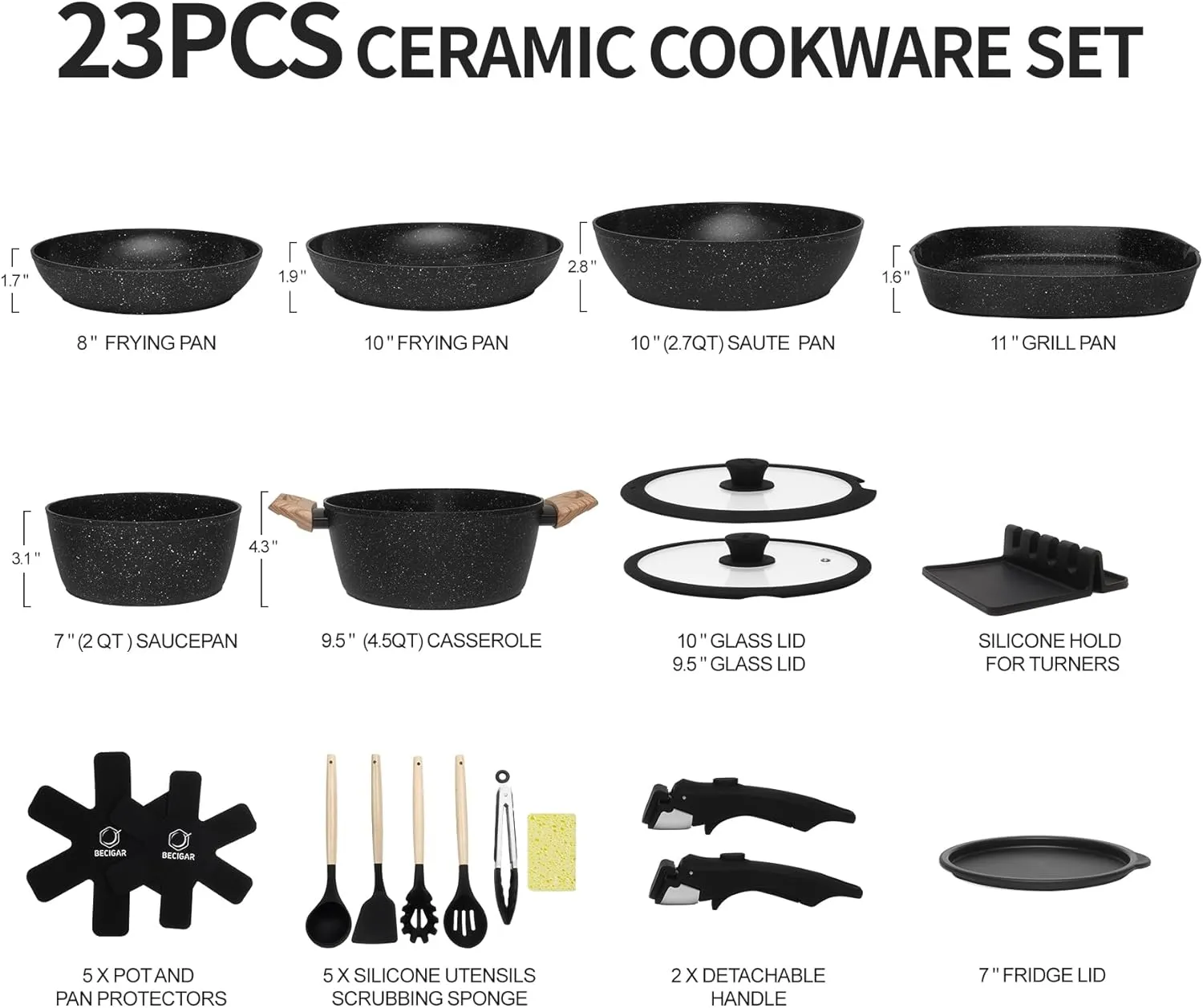 23pcs Ceramic Pots and Pans Set, Nonstick Detachable Handle Cookware, Induction Kitchen Cooking Set with Removable Handle,include Frying Pans & Saucepans Oven Safe (Black)