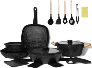 23pcs Ceramic Pots and Pans Set, Nonstick Detachable Handle Cookware, Induction Kitchen Cooking Set with Removable Handle,include Frying Pans & Saucepans Oven Safe (Black)