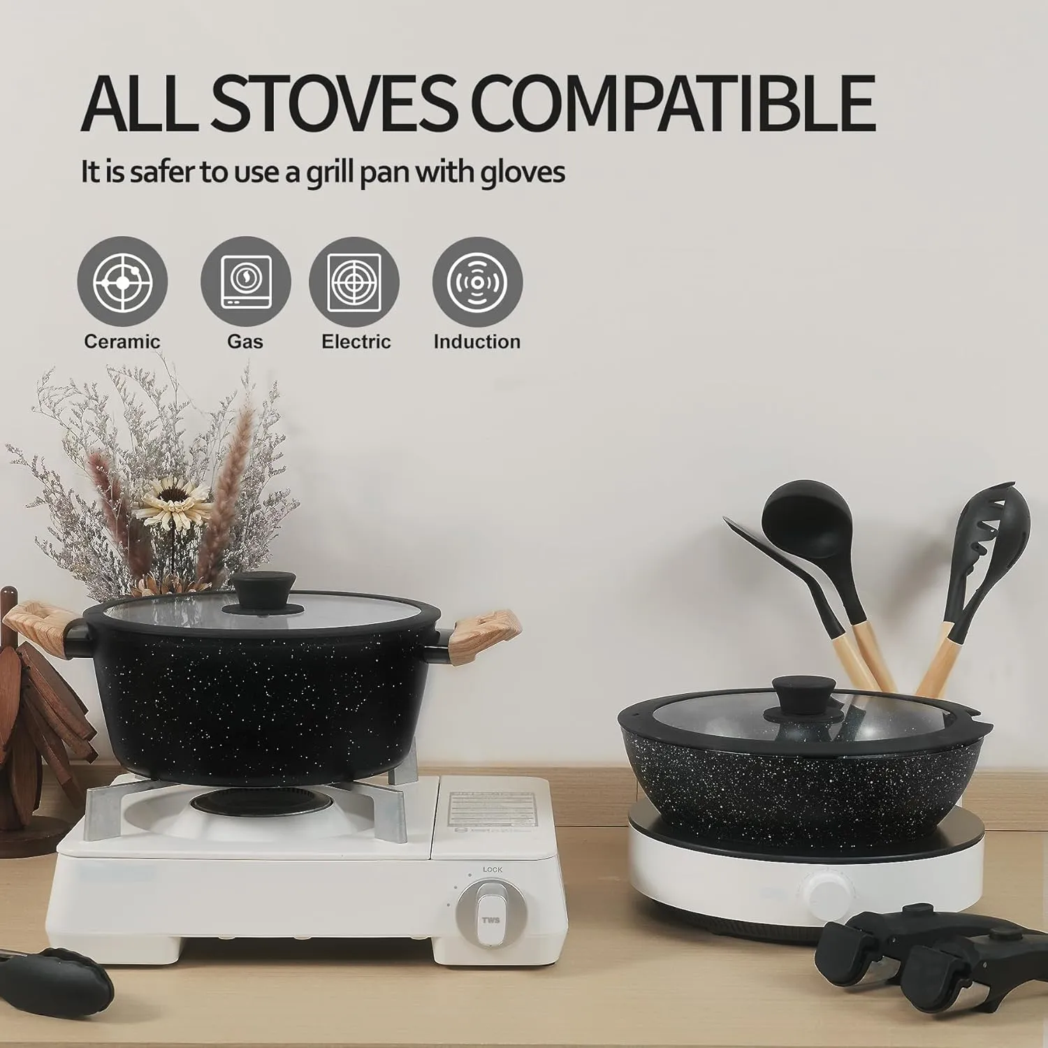 23pcs Ceramic Pots and Pans Set, Nonstick Detachable Handle Cookware, Induction Kitchen Cooking Set with Removable Handle,include Frying Pans & Saucepans Oven Safe (Black)