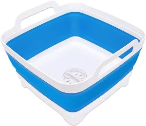 2.4 Gal(9L) Collapsible Dish Basin with Drain Plug, Space Saving Outdoor Multiuse Foldable Sink Tub, Dishpan, Kitchen Storage Tray for Camping, Vegetable Washing, RV (Sky Blue)
