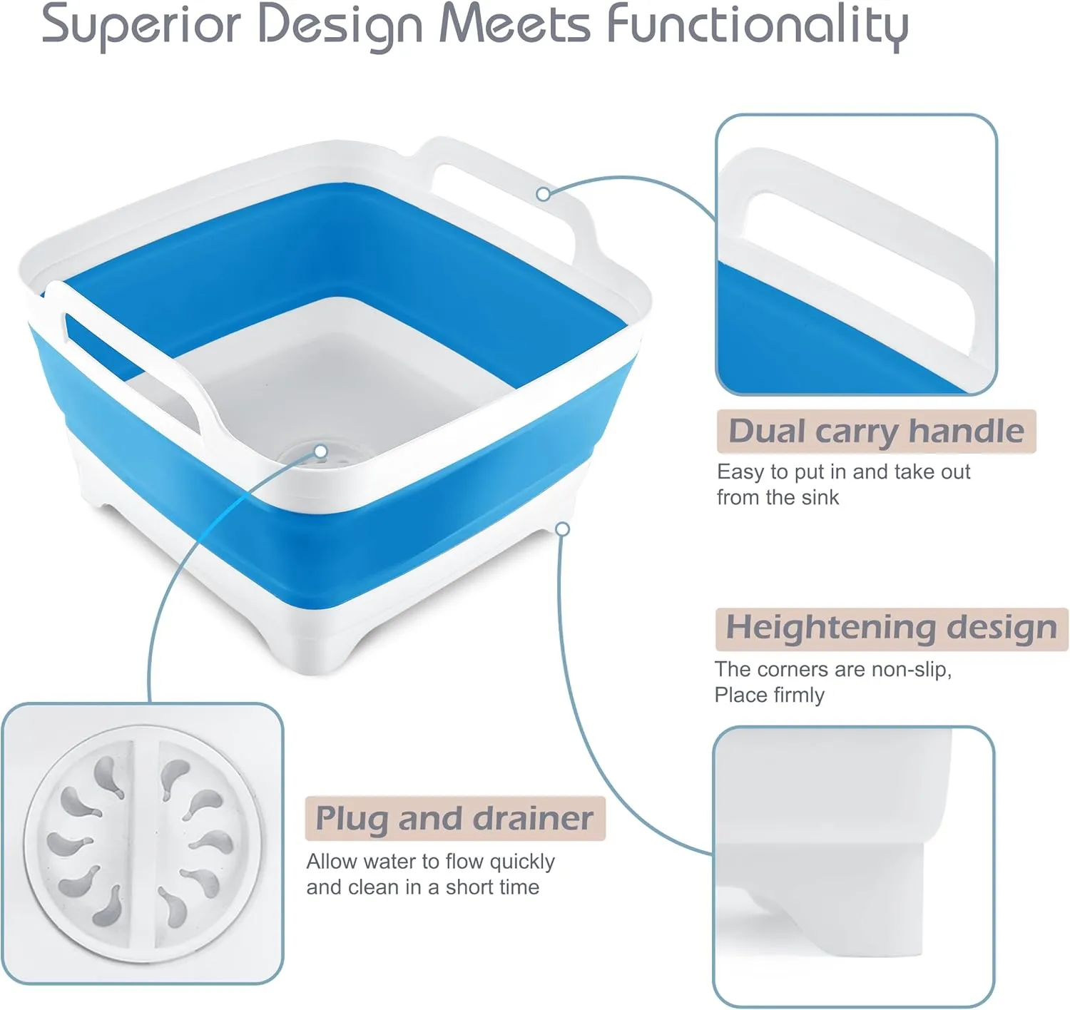 2.4 Gal(9L) Collapsible Dish Basin with Drain Plug, Space Saving Outdoor Multiuse Foldable Sink Tub, Dishpan, Kitchen Storage Tray for Camping, Vegetable Washing, RV (Sky Blue)