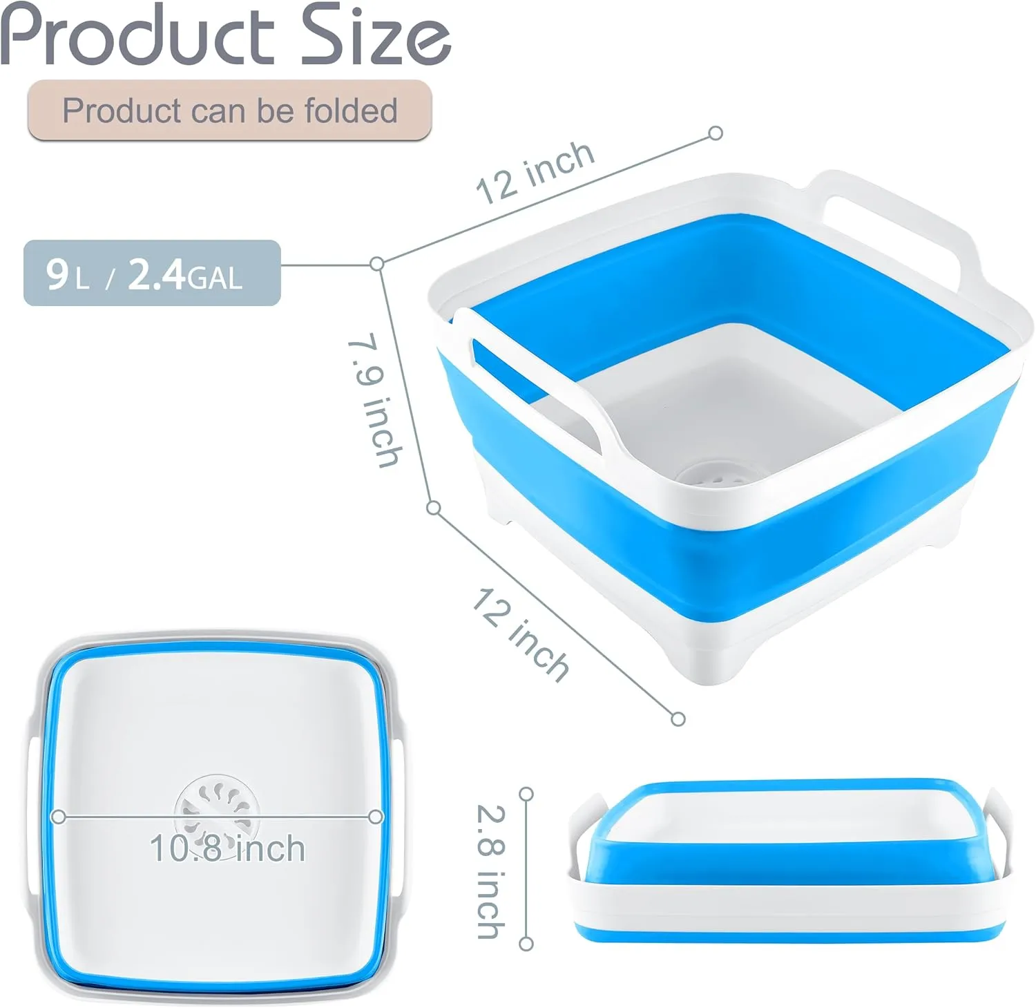2.4 Gal(9L) Collapsible Dish Basin with Drain Plug, Space Saving Outdoor Multiuse Foldable Sink Tub, Dishpan, Kitchen Storage Tray for Camping, Vegetable Washing, RV (Sky Blue)