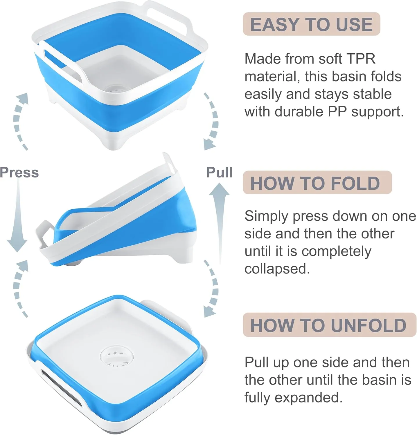 2.4 Gal(9L) Collapsible Dish Basin with Drain Plug, Space Saving Outdoor Multiuse Foldable Sink Tub, Dishpan, Kitchen Storage Tray for Camping, Vegetable Washing, RV (Sky Blue)
