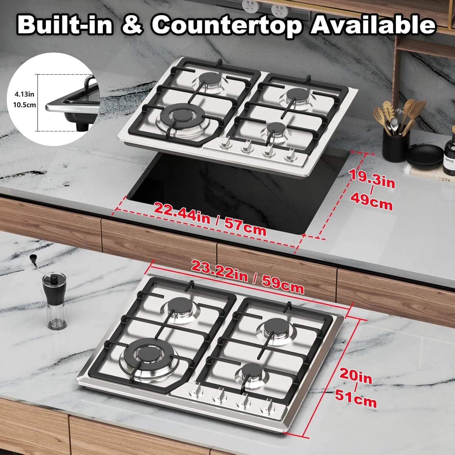 24inch Gas Cooktop Gas Stove, NG/LPG Convertible Gas 4 Burners for Propane Gas, Neutral Gas (Pre-installed Propane Nozzles)