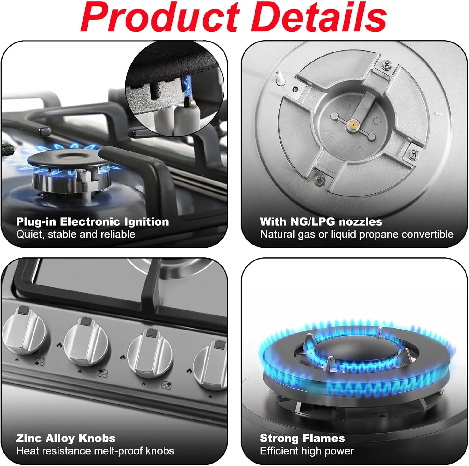 24inch Gas Cooktop Gas Stove, NG/LPG Convertible Gas 4 Burners for Propane Gas, Neutral Gas (Pre-installed Propane Nozzles)