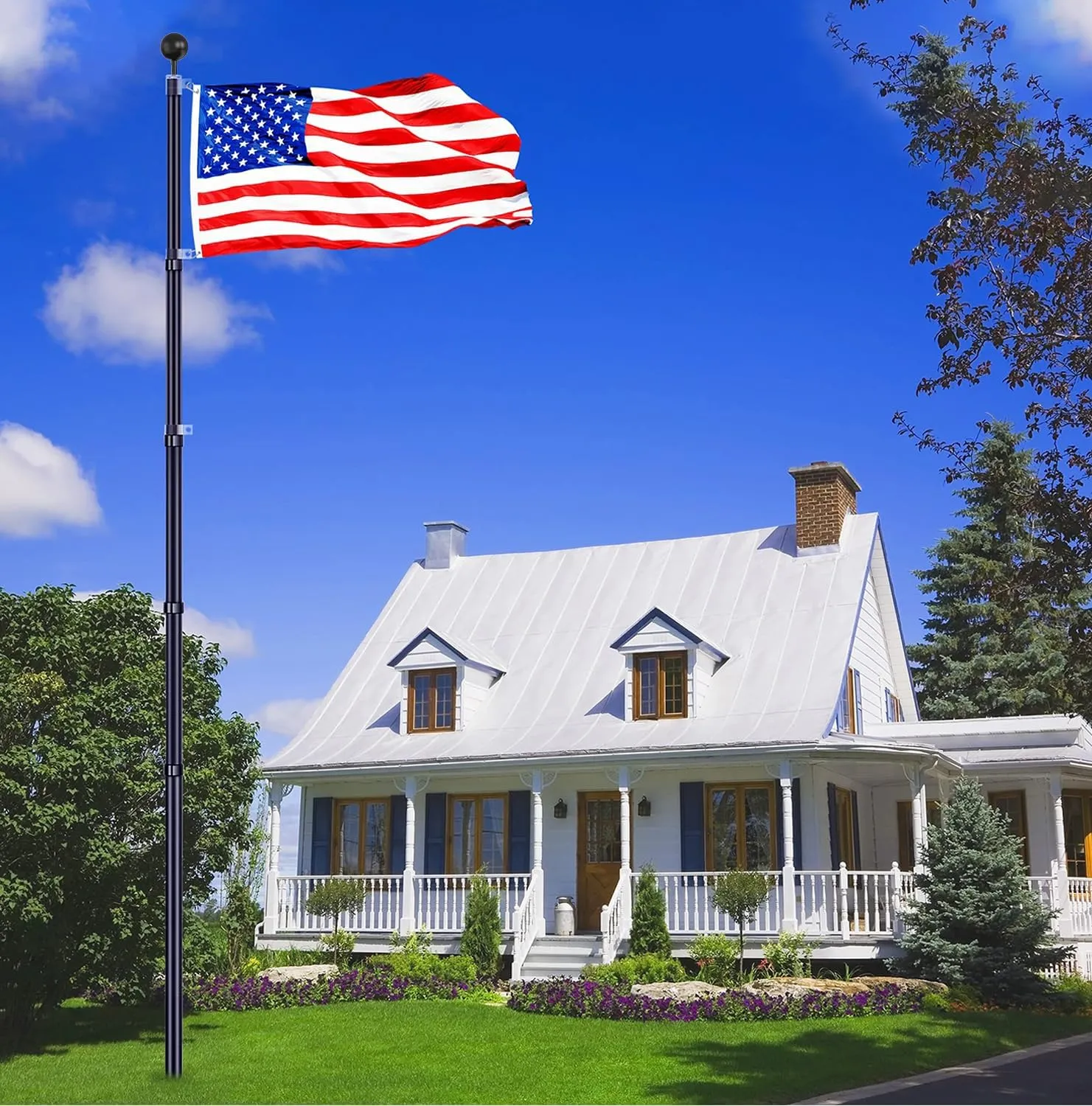 25FT Telescoping Flag Pole Kit, Extra Thick Heavy Duty 14 Gauge Aluminum Telescopic Flagpole, Inground with 3x5 American Flag, for Residential or Commercial