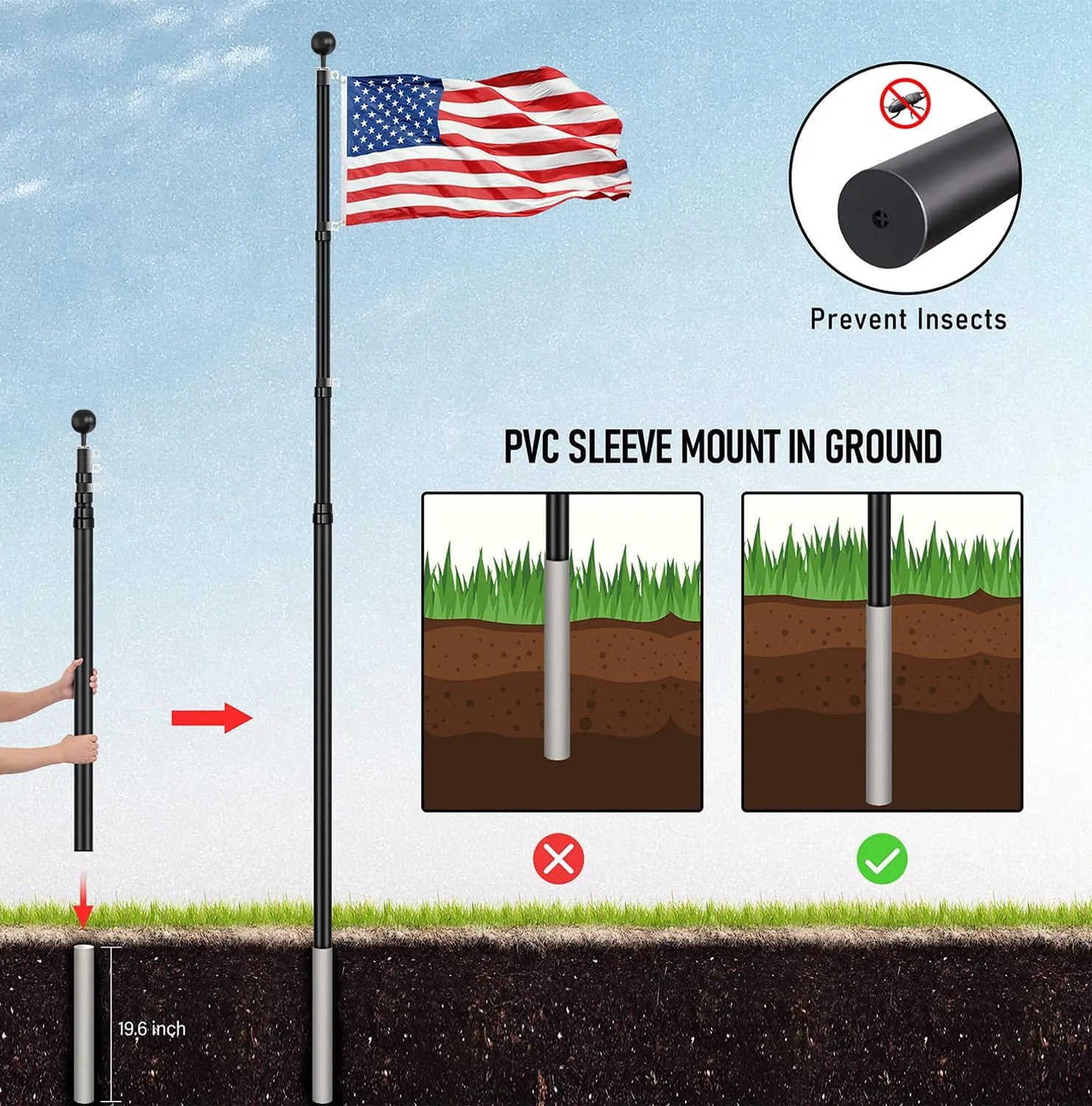 25FT Telescoping Flag Pole Kit, Extra Thick Heavy Duty 14 Gauge Aluminum Telescopic Flagpole, Inground with 3x5 American Flag, for Residential or Commercial
