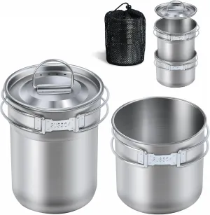 2Pcs Camping Cups and Mugs Pot, 304 Food Grade Stainless Steel Outdoor Cookware Set with Foldable Handle & Vented Lid, Lightweight Nesting Cups for Camping Hiking Backpacking Picnic