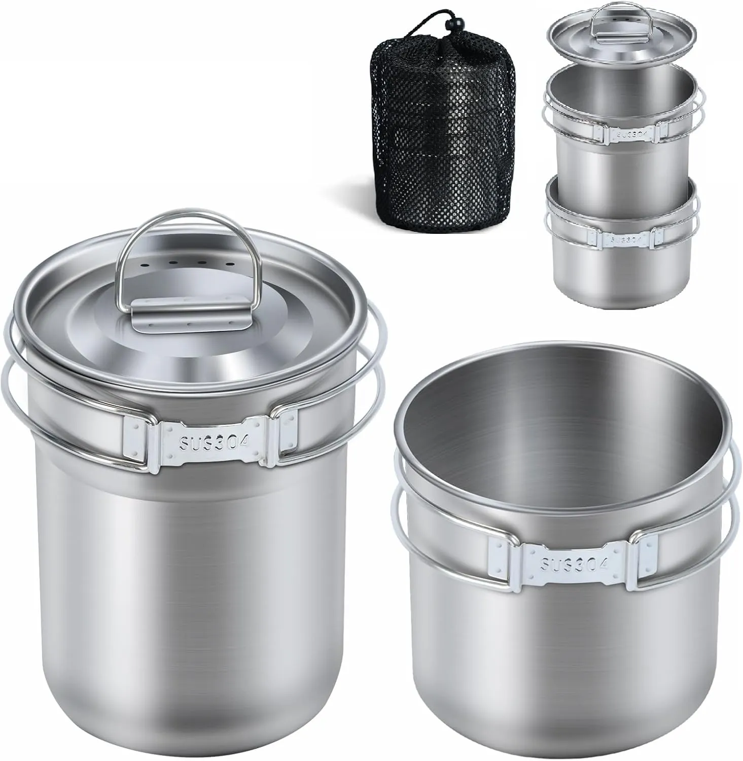 2Pcs Camping Cups and Mugs Pot, 304 Food Grade Stainless Steel Outdoor Cookware Set with Foldable Handle & Vented Lid, Lightweight Nesting Cups for Camping Hiking Backpacking Picnic