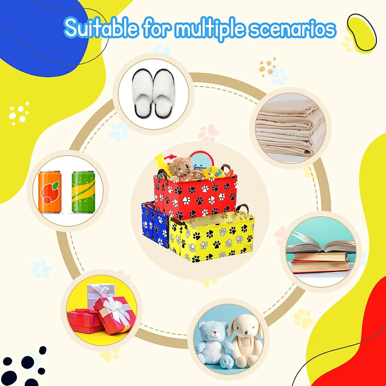 3 Pack Dog Paw Print Storage Baskets Bins Waterproof Canvas with Leather Handles Storage Bins Shelf Basket Organizer Box Collapsible Cute Dog Theme for Room Decor