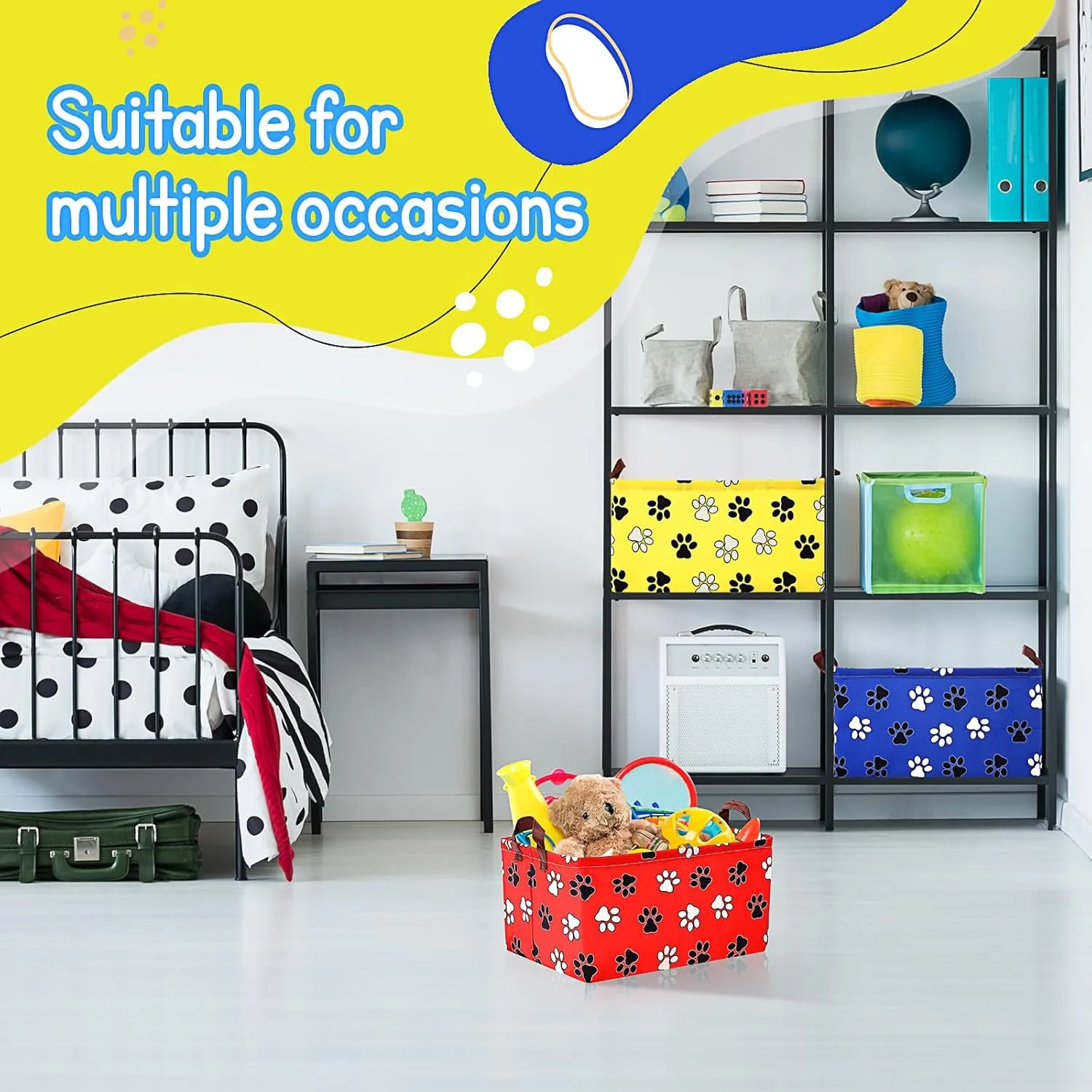 3 Pack Dog Paw Print Storage Baskets Bins Waterproof Canvas with Leather Handles Storage Bins Shelf Basket Organizer Box Collapsible Cute Dog Theme for Room Decor