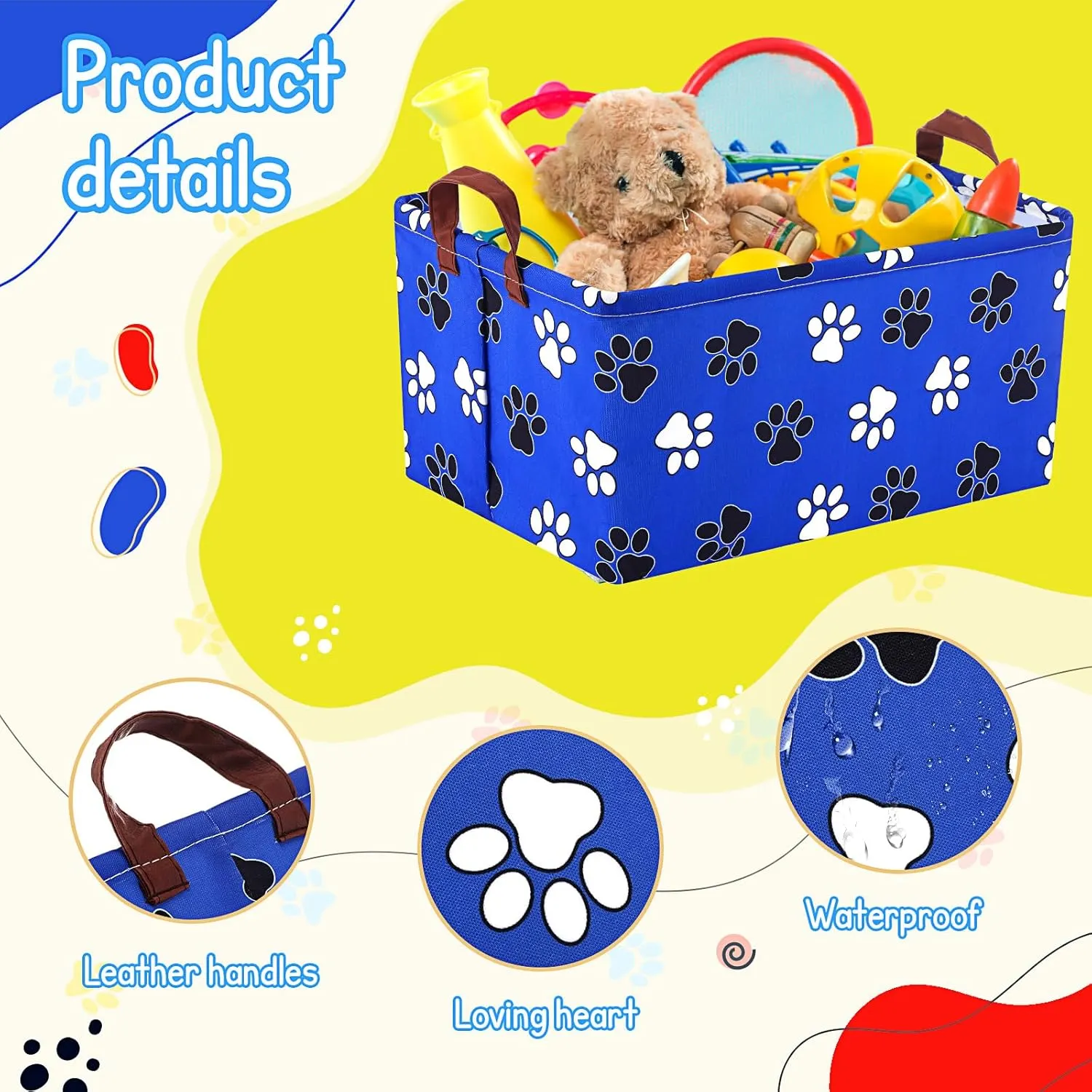 3 Pack Dog Paw Print Storage Baskets Bins Waterproof Canvas with Leather Handles Storage Bins Shelf Basket Organizer Box Collapsible Cute Dog Theme for Room Decor