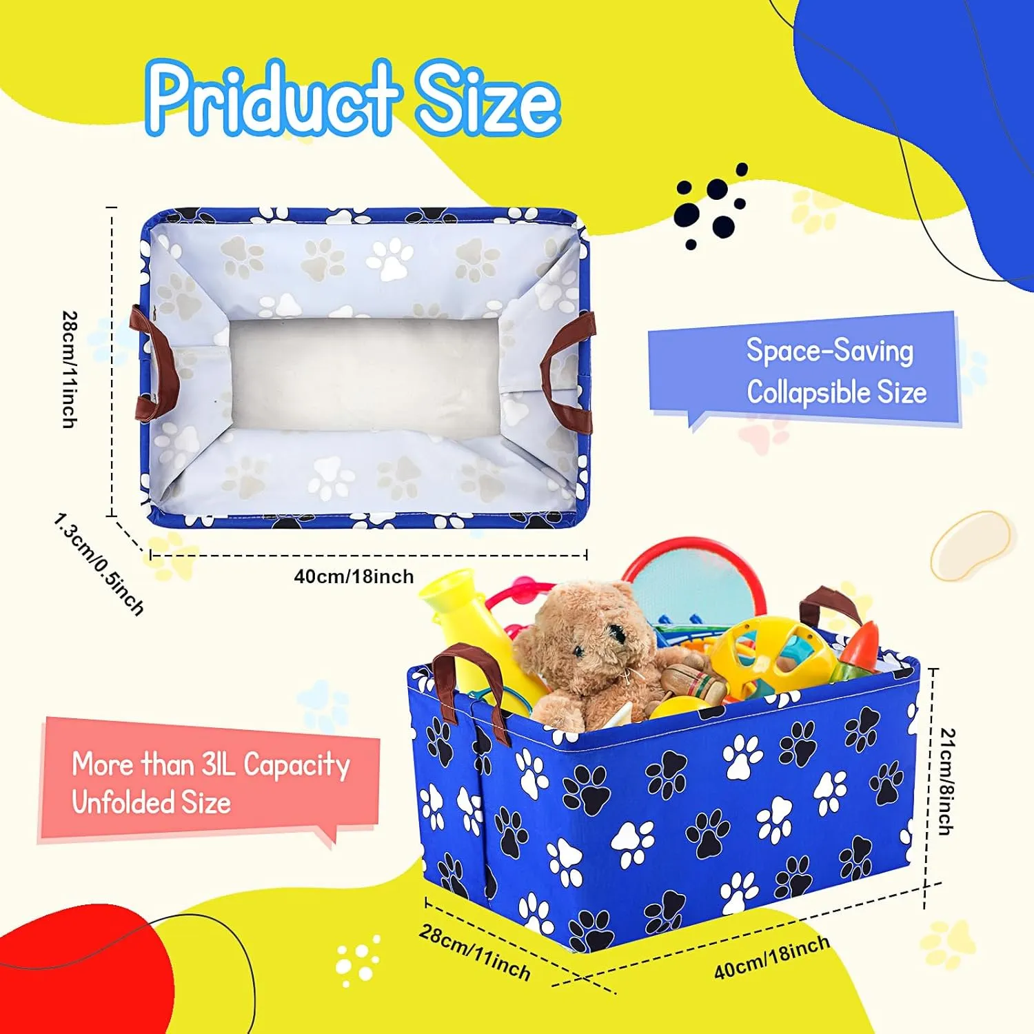 3 Pack Dog Paw Print Storage Baskets Bins Waterproof Canvas with Leather Handles Storage Bins Shelf Basket Organizer Box Collapsible Cute Dog Theme for Room Decor