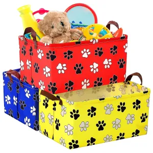 3 Pack Dog Paw Print Storage Baskets Bins Waterproof Canvas with Leather Handles Storage Bins Shelf Basket Organizer Box Collapsible Cute Dog Theme for Room Decor