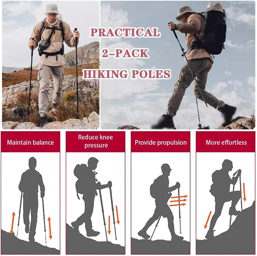 3-Stage Telescopic Trekking Poles, with EVA Grips, Adjustable Wrist Strap, Aluminum Alloy Nordic Hiking Gear, 2pc Per Set