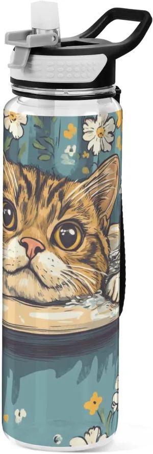 30 oz cartoon Bengal cats Retro bathtub Water Bottle with Carry Strap Tritan BPA Free Leakproof non toxic Water Jugs for Drinking for Car Cup Camping Collapsible