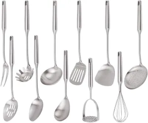 304 Stainless Steel Kitchen Utensils Set, 11PCS Metal Cooking Tools, Masher, Fork, Solid Spoon, Slotted Spoon, Spatula, Whisk, Skimmer, Slotted Spatula Tunner, Soup Ladle, Spaghetti Spoon, Large Ladle