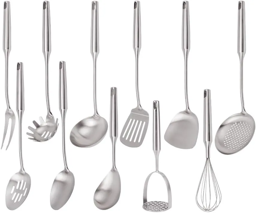 304 Stainless Steel Kitchen Utensils Set, 11PCS Metal Cooking Tools, Masher, Fork, Solid Spoon, Slotted Spoon, Spatula, Whisk, Skimmer, Slotted Spatula Tunner, Soup Ladle, Spaghetti Spoon, Large Ladle