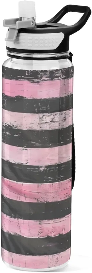 32oz Black Pink Horizontal Stripes Silicone Spout Water Bottle Tritan Leak Proof & BPA Free non toxic Jug Water Bottle for Gym Collapsible