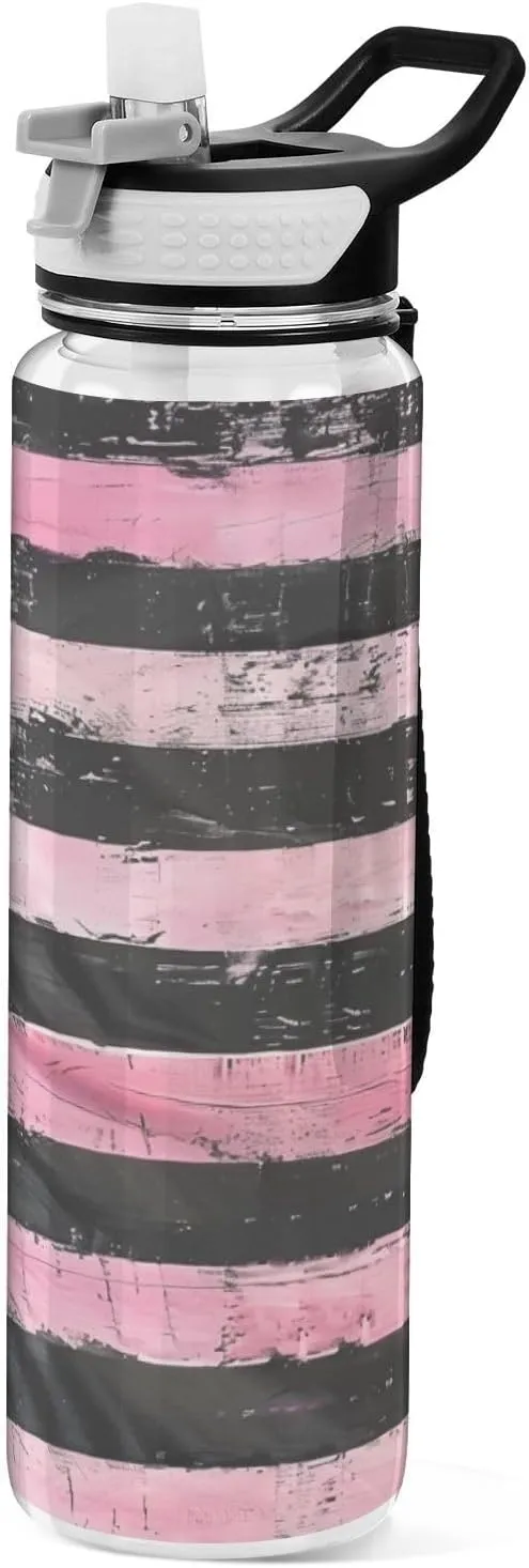 32oz Black Pink Horizontal Stripes Silicone Spout Water Bottle Tritan Leak Proof & BPA Free non toxic Jug Water Bottle for Gym Collapsible