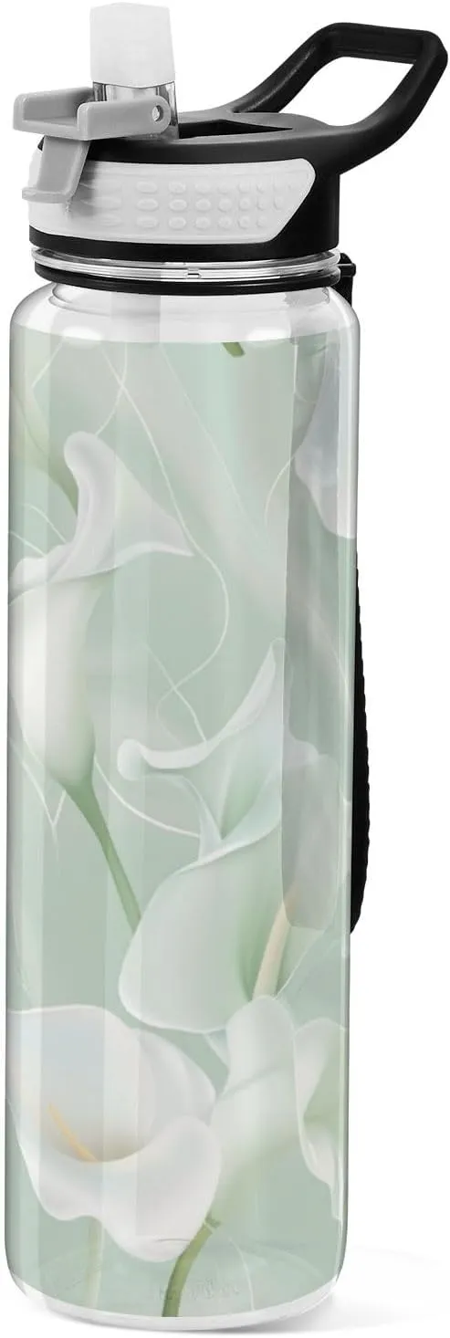 32oz Calla Lily Flower Pastel Colors Mint Green Water Bottle with Spout Lid Tritan Clear BPA Free non toxic Jug Water Bottle for Camping Collapsible