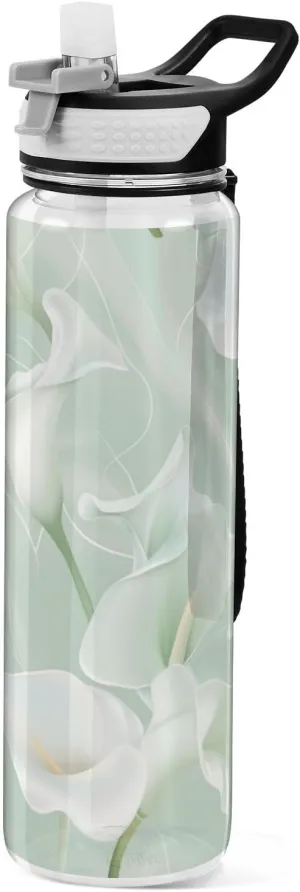32oz Calla Lily Flower Pastel Colors Mint Green Water Bottle with Spout Lid Tritan Clear BPA Free non toxic Jug Water Bottle for Camping Collapsible