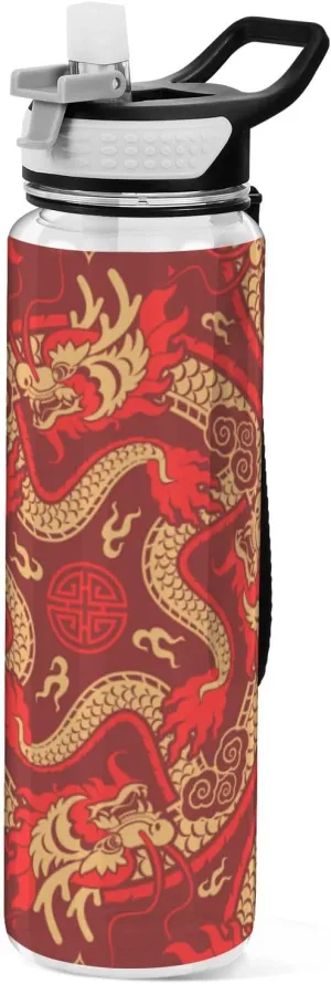 32oz Chinese Red Dragon Silicone Spout Water Bottle Tritan BPA-Free non toxic Jugs for Drinking for Fitness Collapsible