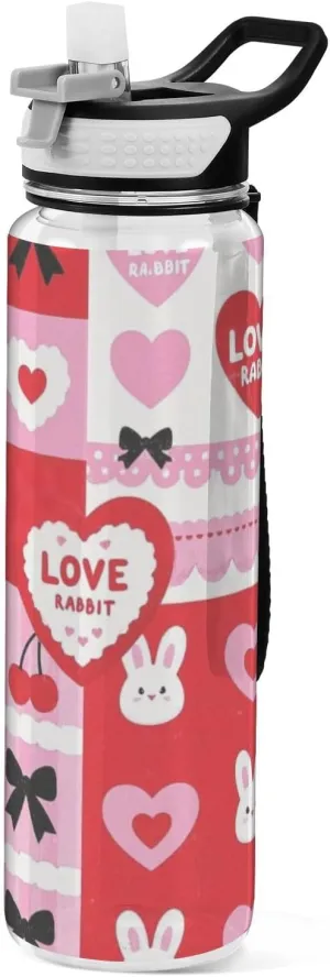 32oz Cute Red Rabbit Hearts Cartoon Water Bottle for Adults Tritan In BPA Free non toxic Water Jug for Yoga Collapsible