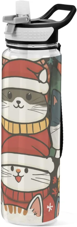 32oz Winter Hat Cat Merry Christmas Water Bottle for Work Tritan BPA Free non toxic Jug with Handle for Travelling Collapsible