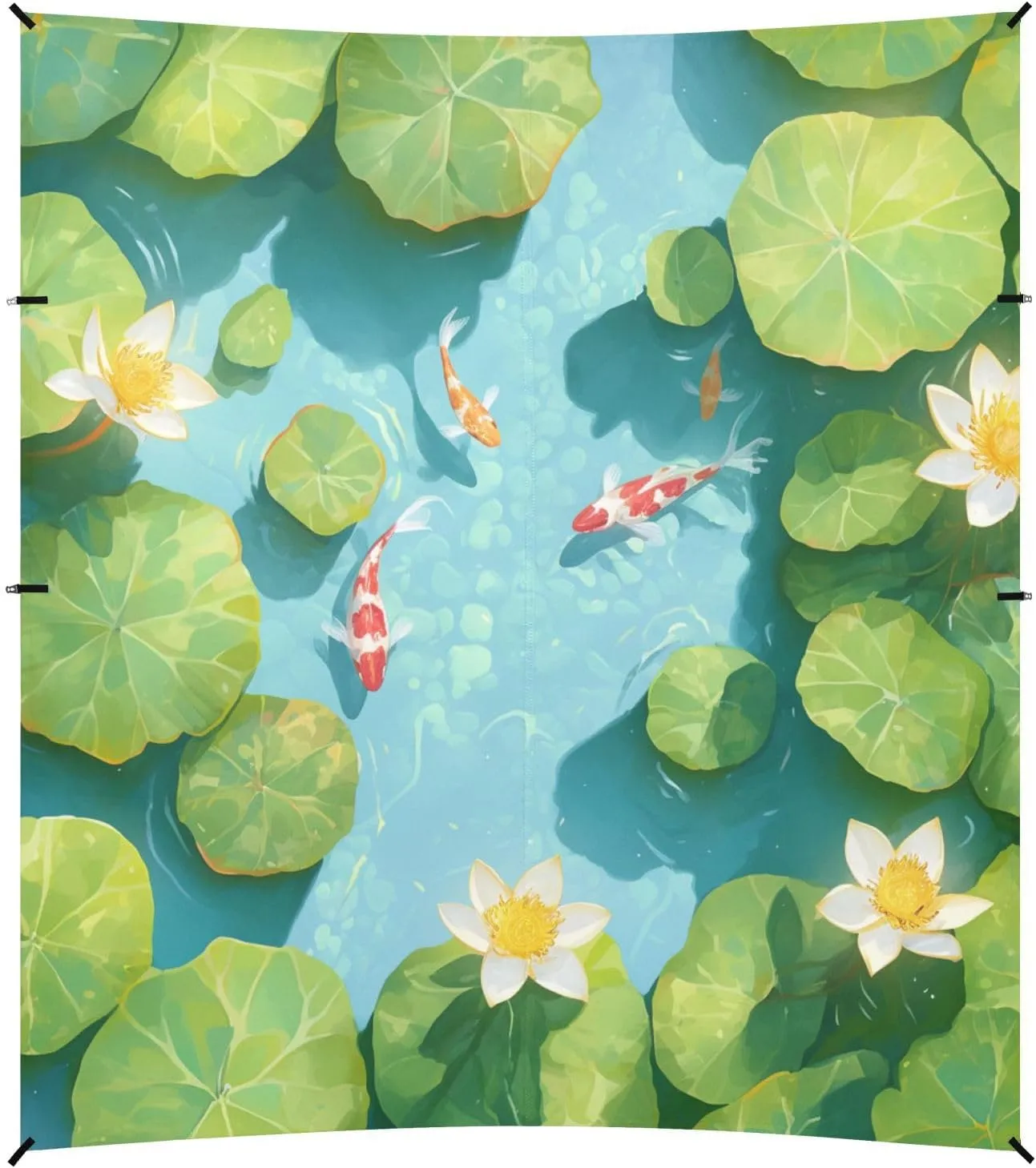 3D Pond Scenery Fish and Flowers Foldable Beach Canopy UPF50  Protection Water-Resistant Large Sun Shade with Sturdy Poles, Sandbags and Shovel for Camping, Fishing, Backyard Fun