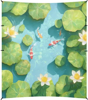 3D Pond Scenery Fish and Flowers Foldable Beach Canopy UPF50  Protection Water-Resistant Large Sun Shade with Sturdy Poles, Sandbags and Shovel for Camping, Fishing, Backyard Fun