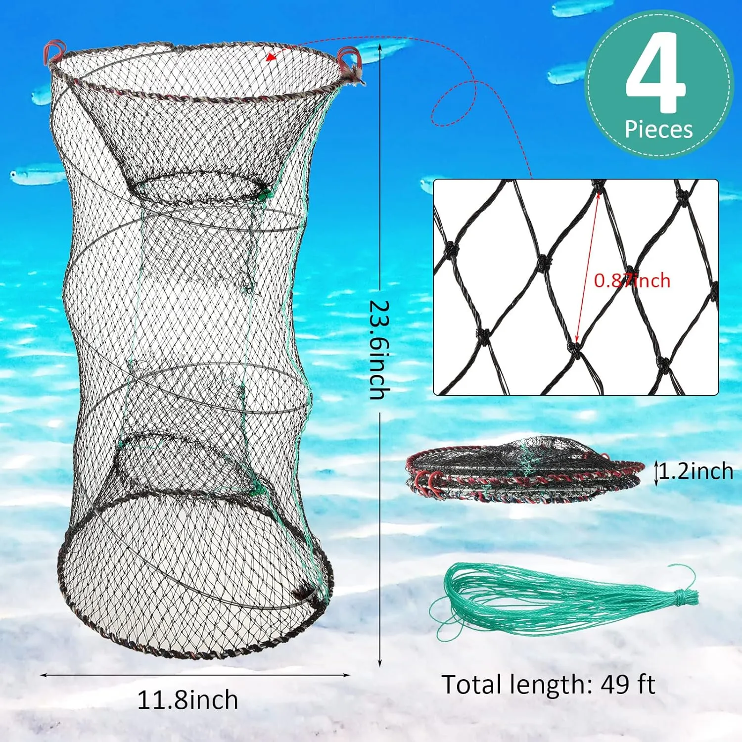 4 Pack Fishing Bait Trap Crab Trap Minnow Trap Crawfish Trap Lobster Trap Crayfish Shrimp Trap Net Portable Collapsible Fishing Traps with 49 Ft Rope Folded Fishing Accessories, 12 x 24 Inch