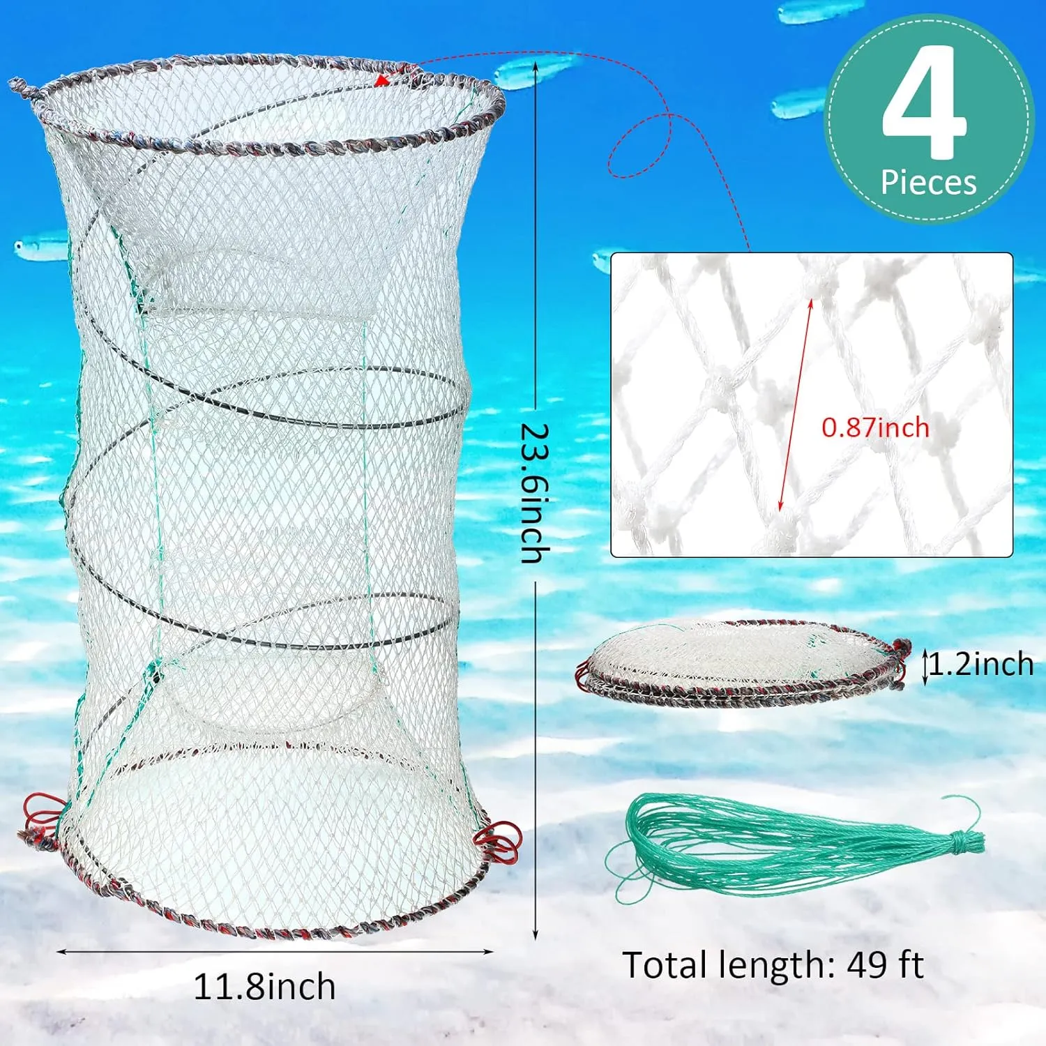 4 Pack Fishing Bait Trap Crab Trap Minnow Trap Crawfish Trap Lobster Trap Crayfish Shrimp Trap Net Portable Collapsible Fishing Traps with 49 Ft Rope Folded Fishing Accessories, 12 x 24 Inch