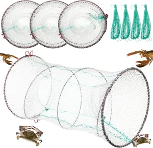 4 Pack Fishing Bait Trap Crab Trap Minnow Trap Crawfish Trap Lobster Trap Crayfish Shrimp Trap Net Portable Collapsible Fishing Traps with 49 Ft Rope Folded Fishing Accessories, 12 x 24 Inch
