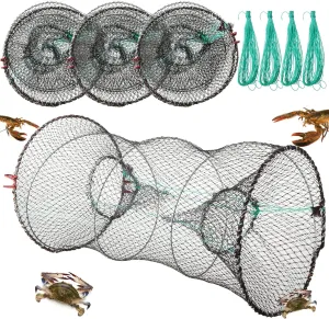 4 Pack Fishing Bait Trap Crab Trap Minnow Trap Crawfish Trap Lobster Trap Crayfish Shrimp Trap Net Portable Collapsible Fishing Traps with 49 Ft Rope Folded Fishing Accessories, 12 x 24 Inch