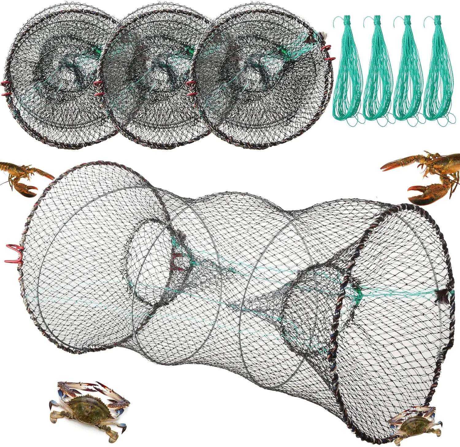 4 Pack Fishing Bait Trap Crab Trap Minnow Trap Crawfish Trap Lobster Trap Crayfish Shrimp Trap Net Portable Collapsible Fishing Traps with 49 Ft Rope Folded Fishing Accessories, 12 x 24 Inch
