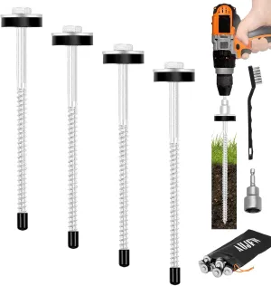 4 Pcs 10" Heavy Duty Metal Ground Pegs, Drillable Threaded Tent Stakes, Screw in Tent Pegs Stakes for Garden Canopies Grassland Canopies Awnings Camping Travel (Hex Tool and Storage Bag)
