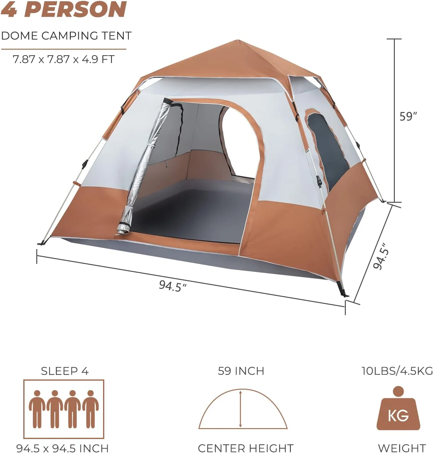 4 Person Quick Open Green Camping Tent, Waterproof Windproof Family Tent Dome Tent Portable Pop Up Tent with Easy Setup for Camping & Hiking, Mountaineering, 94.49"x94.49"x59.06"
