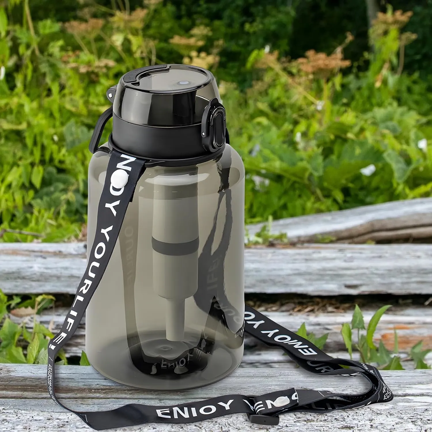 40oz Portable Filtered Water Bottle, BPA Free Tritan Reusable Filter Water Bottle with Strap for Travel, Hiking, Backpacking, Camping And Fitness, Black