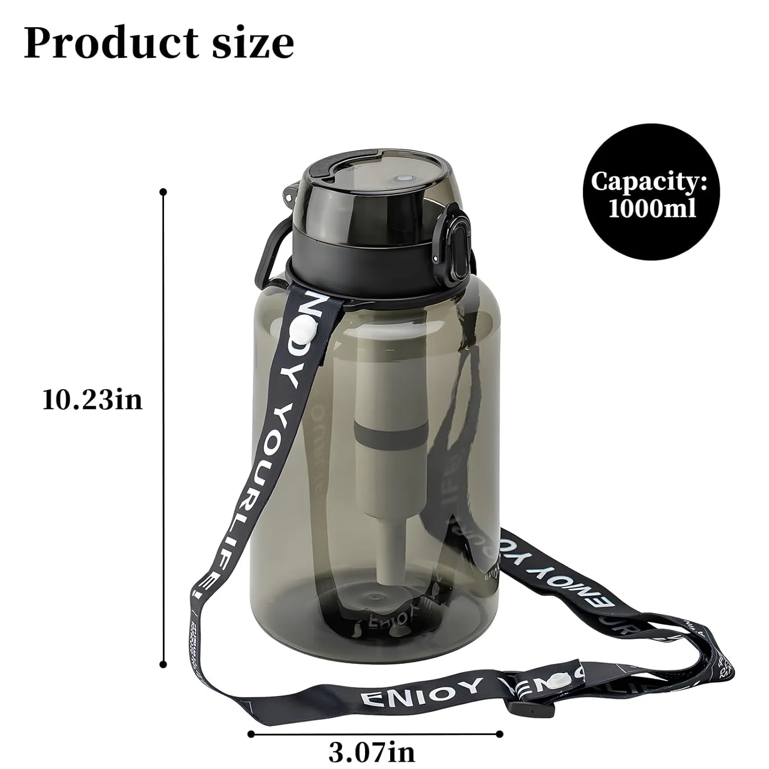 40oz Portable Filtered Water Bottle, BPA Free Tritan Reusable Filter Water Bottle with Strap for Travel, Hiking, Backpacking, Camping And Fitness, Black
