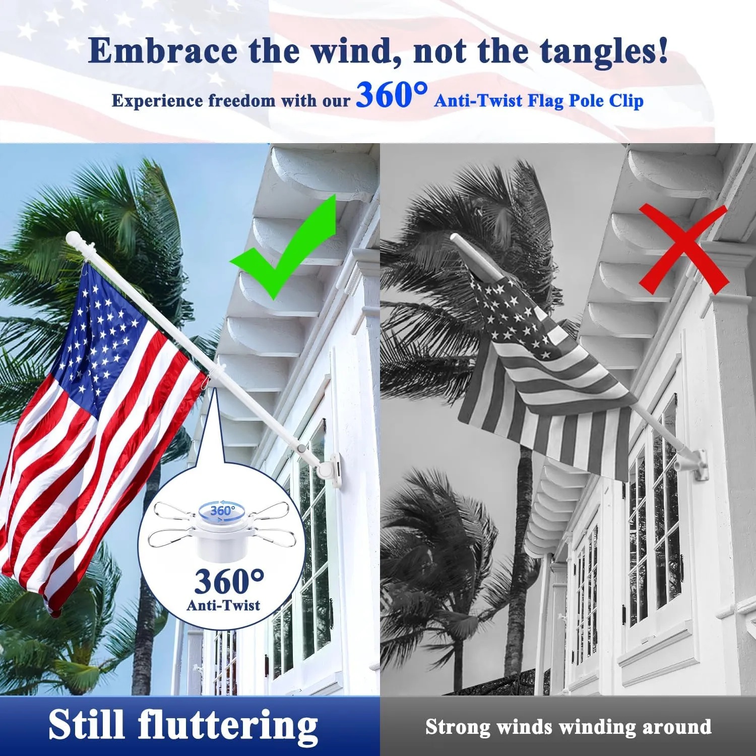 5 FT Flag Pole, Tangle Free Spinning Stainless Steel Weather Resistant Rustproof Flagpole for 3x5 USA Flag Sports Fan Outdoor Flags 1" Dia Flag Poles for Outside House, Wall-Mounted (White)