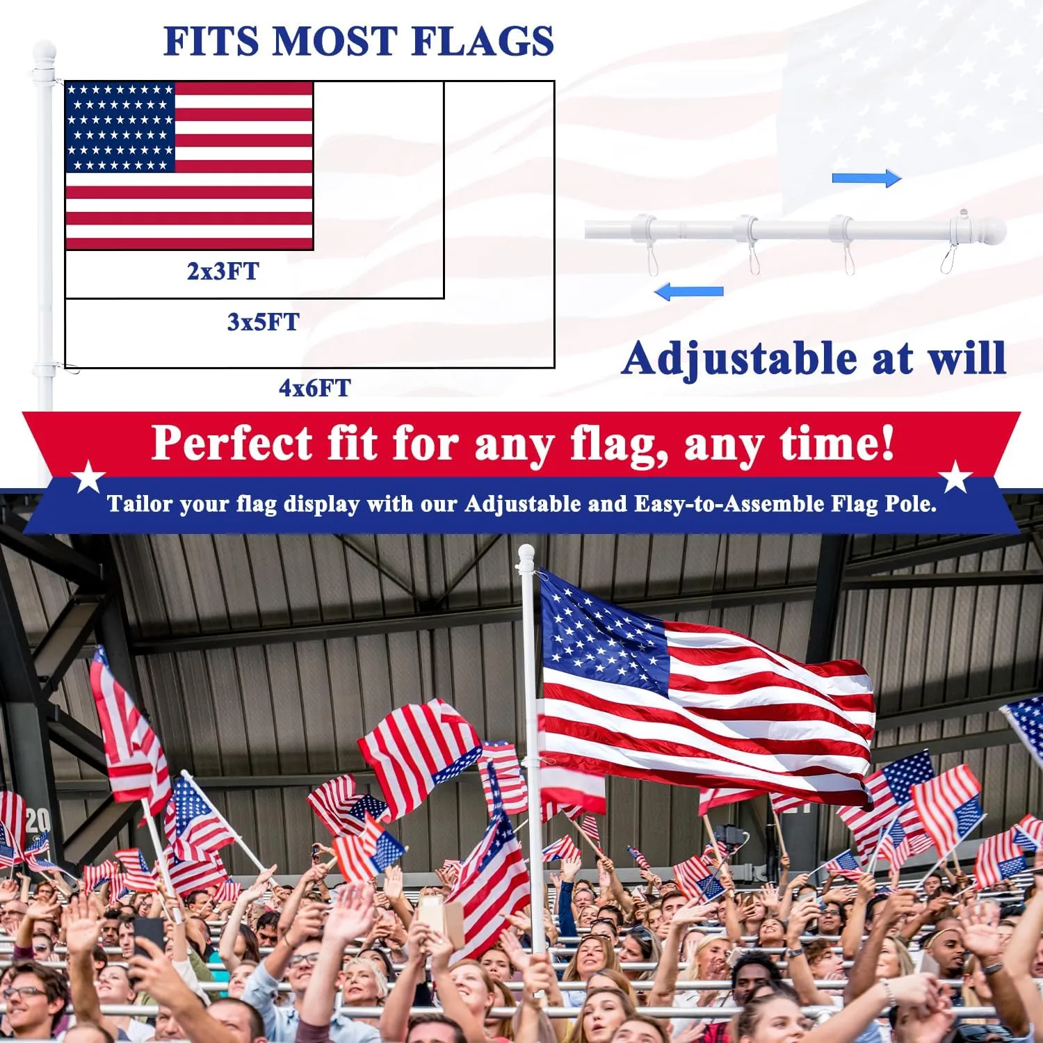 5 FT Flag Pole, Tangle Free Spinning Stainless Steel Weather Resistant Rustproof Flagpole for 3x5 USA Flag Sports Fan Outdoor Flags 1" Dia Flag Poles for Outside House, Wall-Mounted (White)