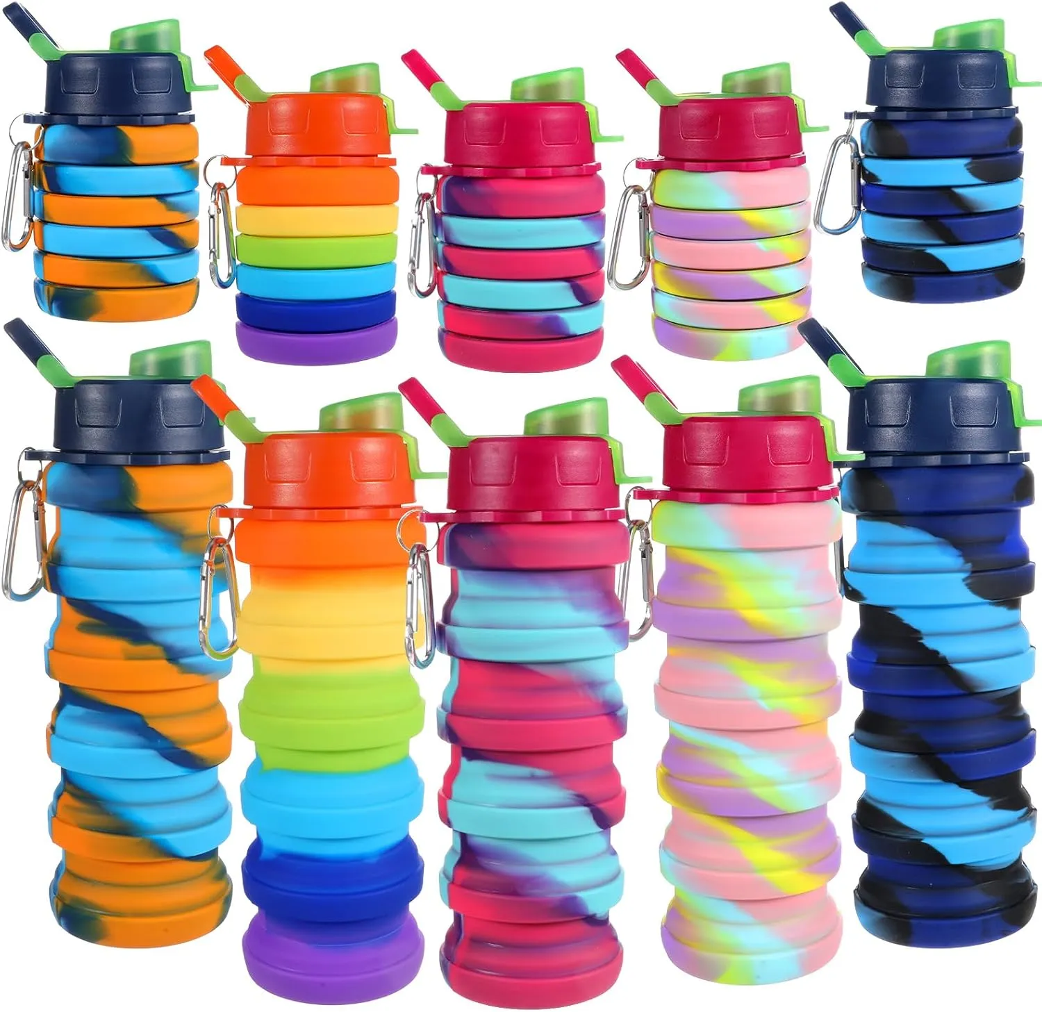 5 Pack Collapsible Water Bottles 17 oz Silicone Portable Lightweight Foldable Water Bottle with Carabiner Leakproof Reusable for Travel Camping Hiking Cycling Sport Outdoor(Rainbow)