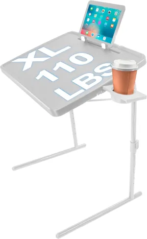 5 STAR SUPER DEALS XL Adjustable TV Tray Table - Folding, Portable, & Sturdy w/Rotating Cup Holder & Tablet Book Stand - Tray Table for Laptop, Eating, Drawing, & Snacks - White/Grey