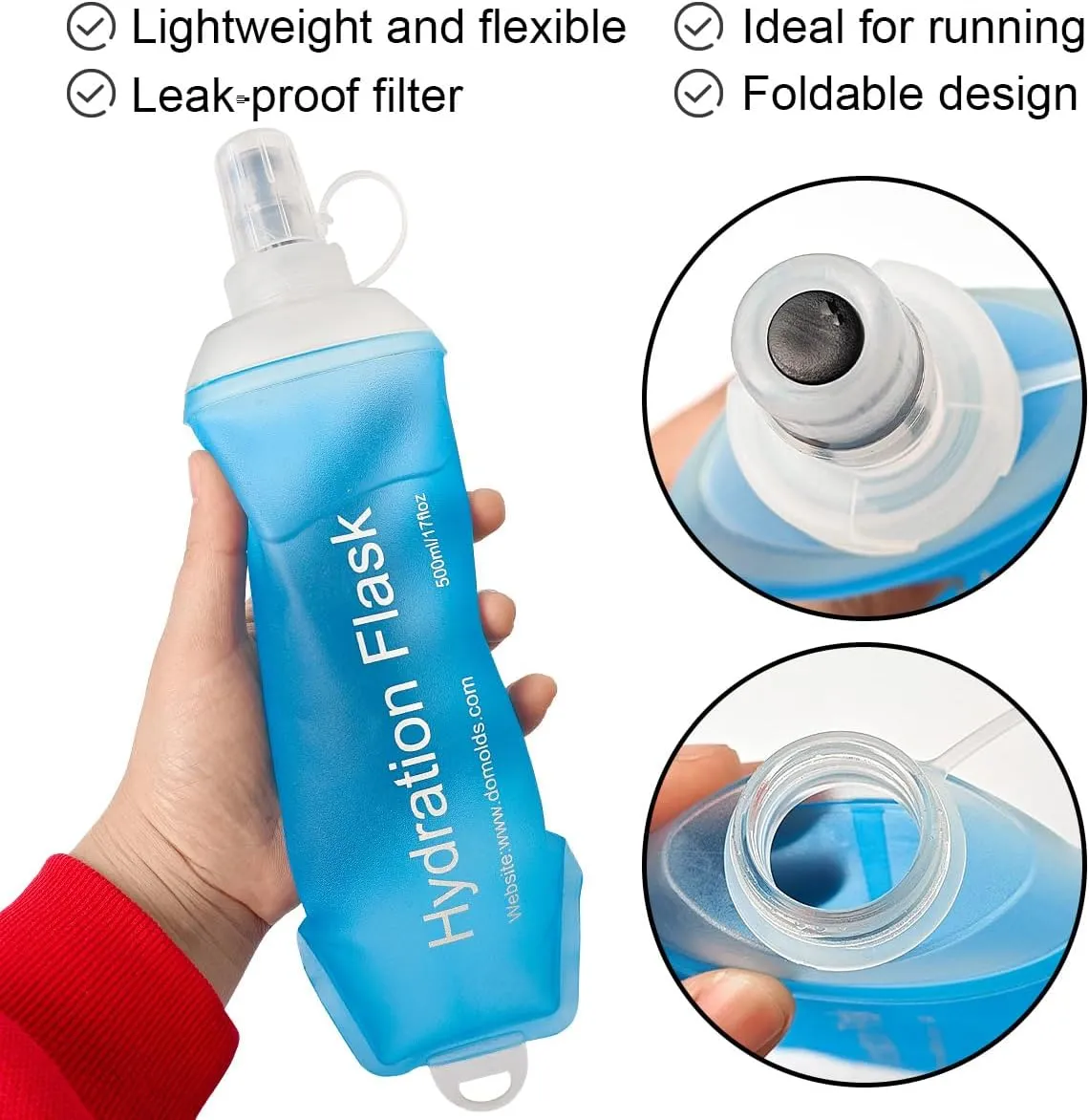 500ml Soft Flask, TPU Collapsible Soft Water Bottle for Hydration Pack, Running Vest, Folding Water Bottle for Hiking Cycling Climbing-2Pcs, Blue