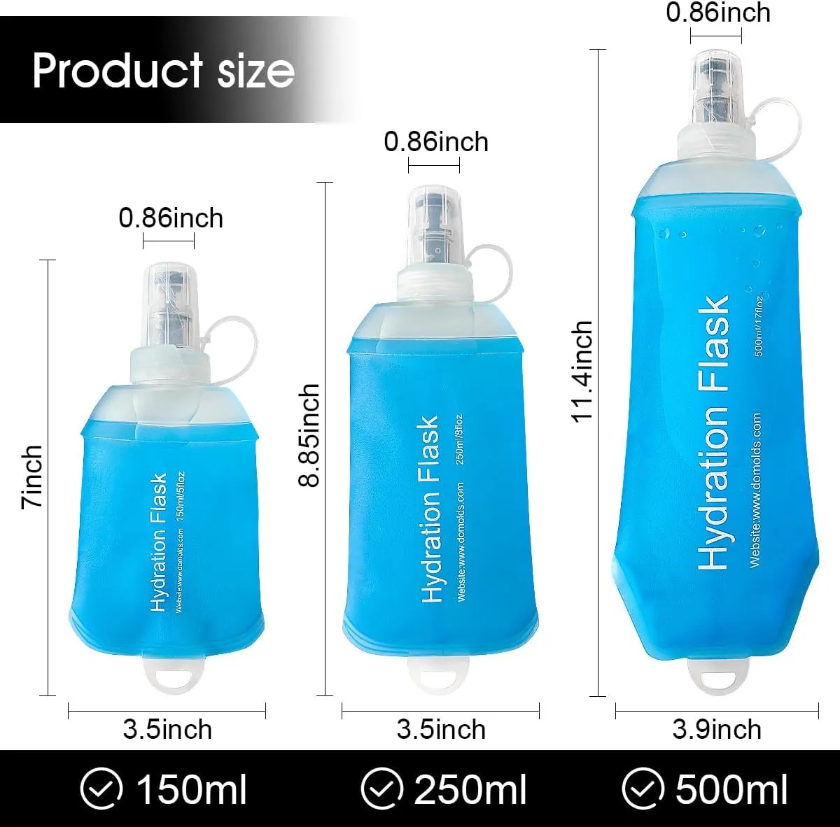 500ml Soft Flask, TPU Collapsible Soft Water Bottle for Hydration Pack, Running Vest, Folding Water Bottle for Hiking Cycling Climbing-2Pcs, Blue