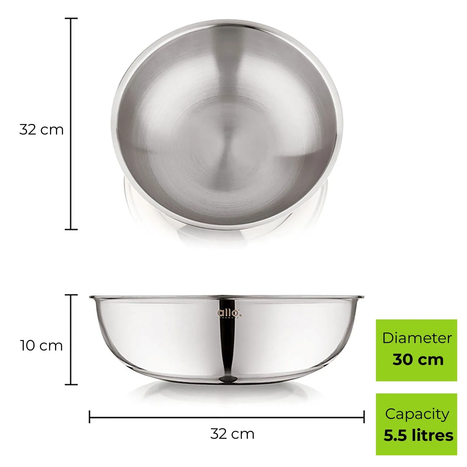 5.5L Allo CookSafe TriPly Tasla | Stainless Steel | Induction Friendly | 30 cm