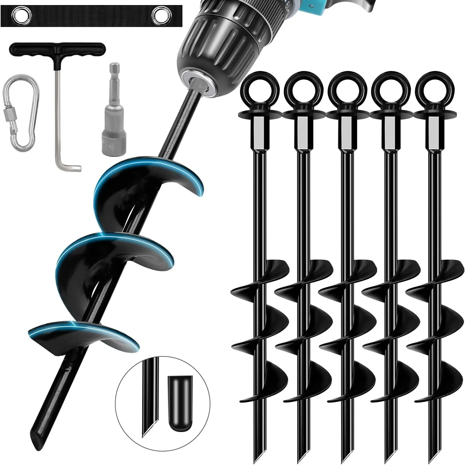 6 Pack Ground Anchors Screw in Screw in Spiral Trampoline Tie Down Anchor Kit Ground Anchors with Power Nut Driver Drill Bit Earth Anchor Heavy Duty Kit for Sheds, Camping Tents, Swing Sets, Canopies
